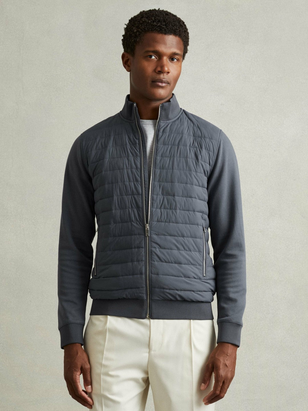 Reiss Value - Hybrid Quilt and Knit Zip-Through Jacket in Airforce Blue