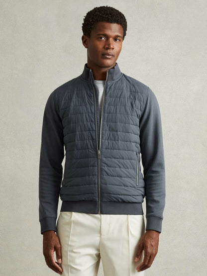 Reiss Value - Hybrid Quilt and Knit Zip-Through Jacket in Airforce Blue