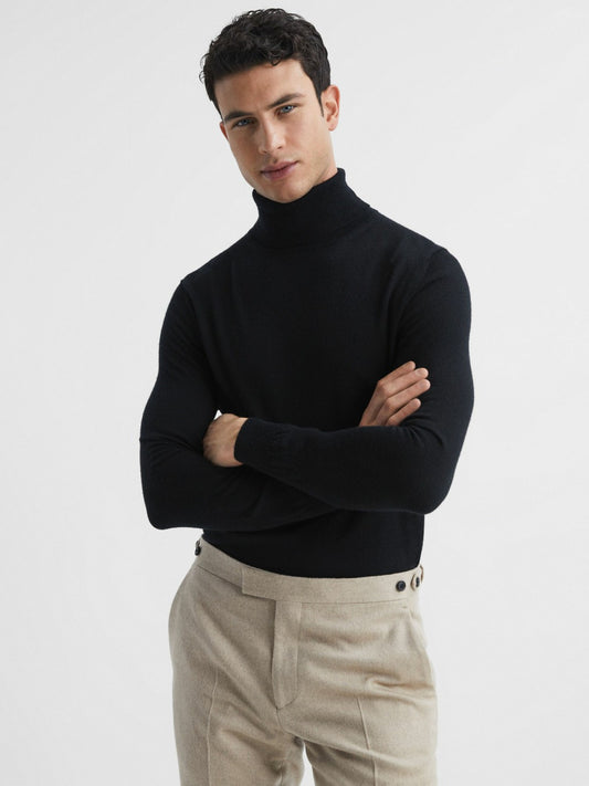 Reiss Offer - Slim Fit Merino Wool Roll Neck Jumper in Black