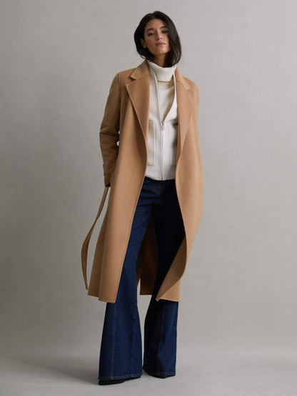 Reiss Deal - Wool Blend Belted Blindseam Coat in Camel