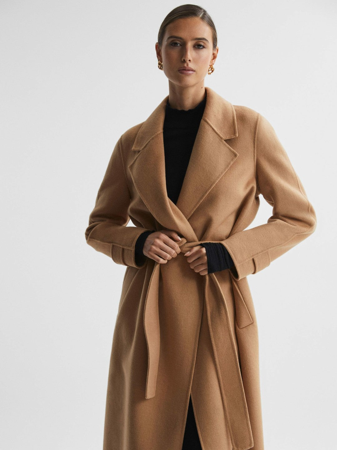 Reiss Deal - Wool Blend Belted Blindseam Coat in Camel
