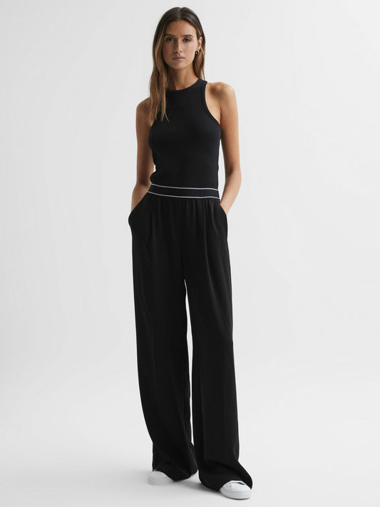 Reiss Wide Leg Elasticated Trousers in Black