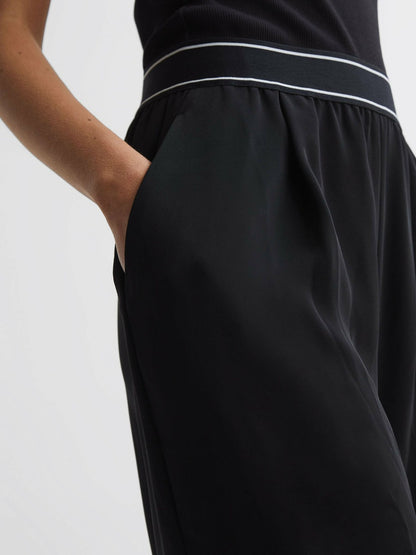 Reiss Wide Leg Elasticated Trousers in Black