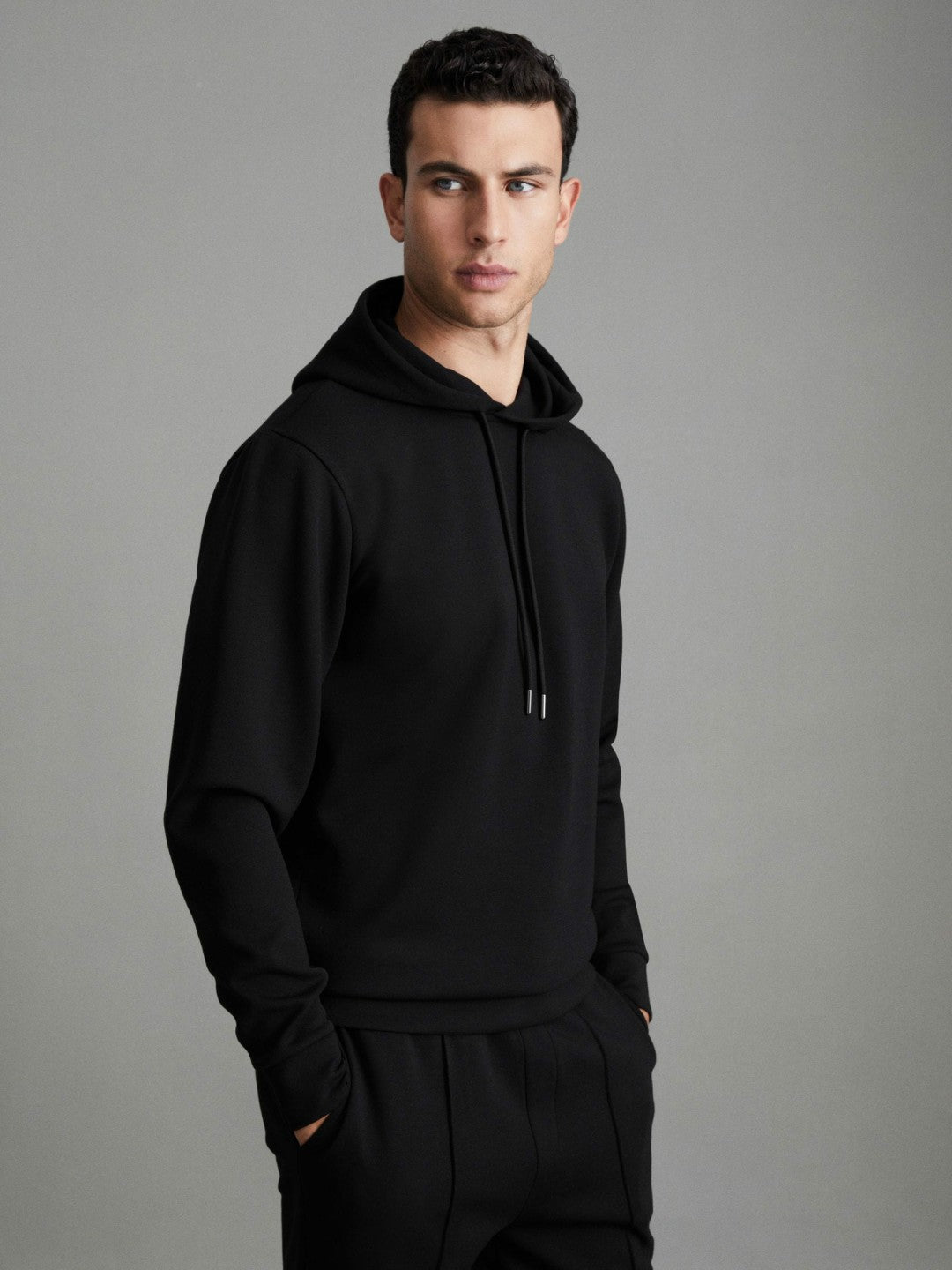 Reiss Value - Interlock Jersey Drawstring Hoodie in Black