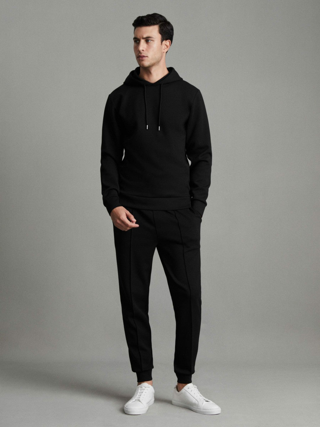 Reiss Value - Interlock Jersey Drawstring Hoodie in Black