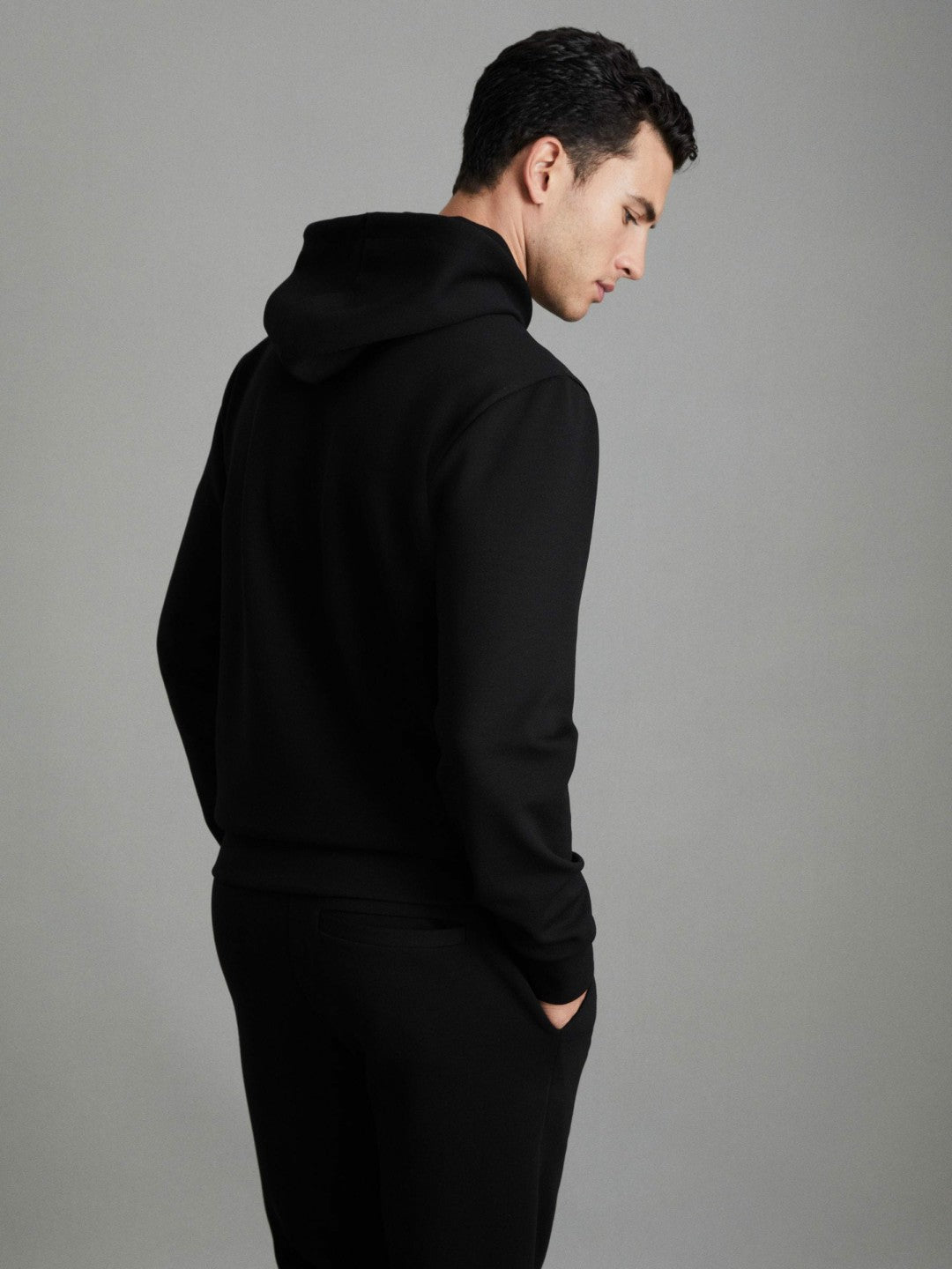 Reiss Value - Interlock Jersey Drawstring Hoodie in Black