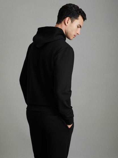 Reiss Value - Interlock Jersey Drawstring Hoodie in Black