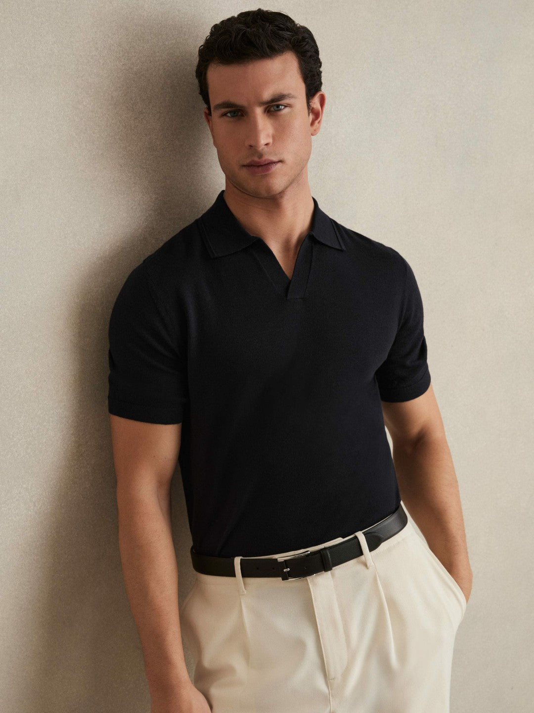 Reiss Affordable - Merino Wool Open Collar Polo Shirt in Navy