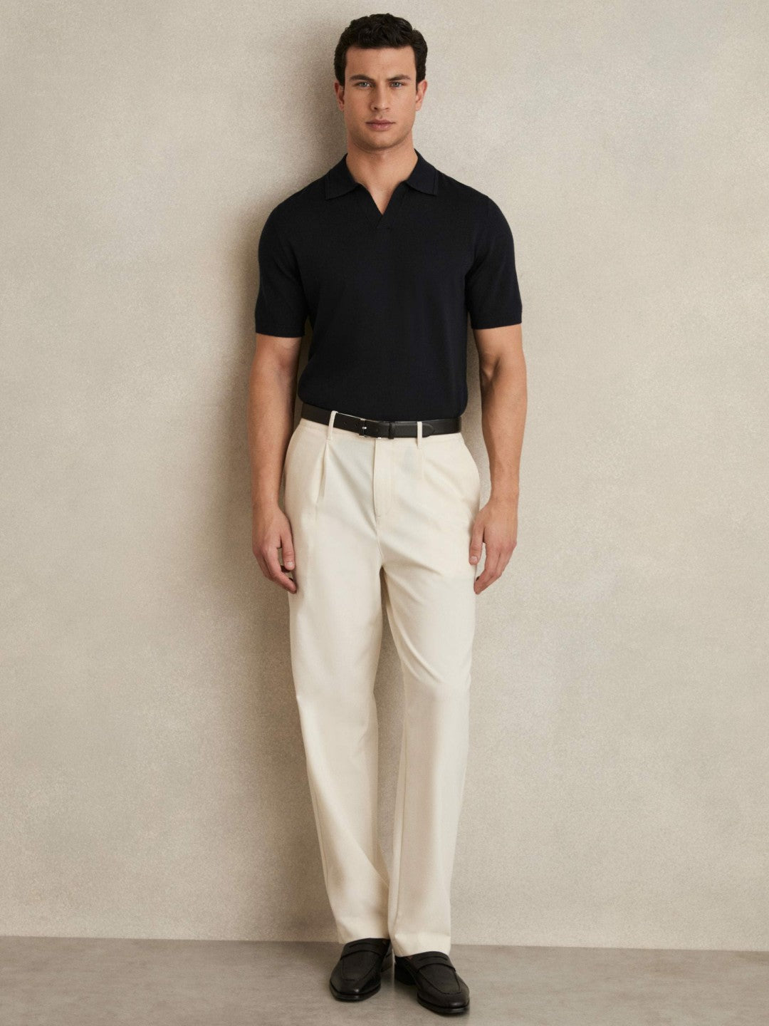 Reiss Affordable - Merino Wool Open Collar Polo Shirt in Navy