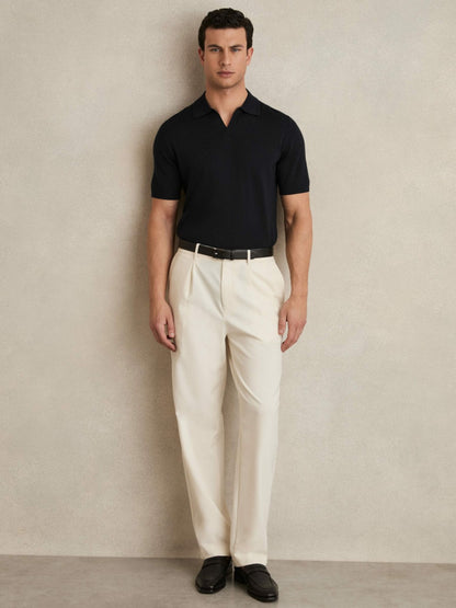 Reiss Affordable - Merino Wool Open Collar Polo Shirt in Navy
