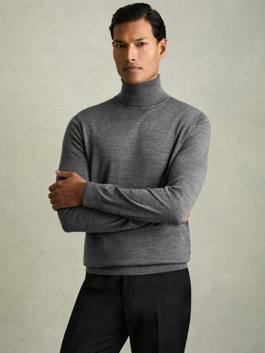 Reiss Featured - Slim Fit Merino Wool Roll Neck Jumper in Derby Grey Marl