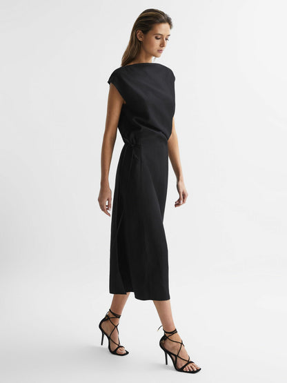 Reiss Featured - Premium Linen Blend Open-Back Midi Dress in Black