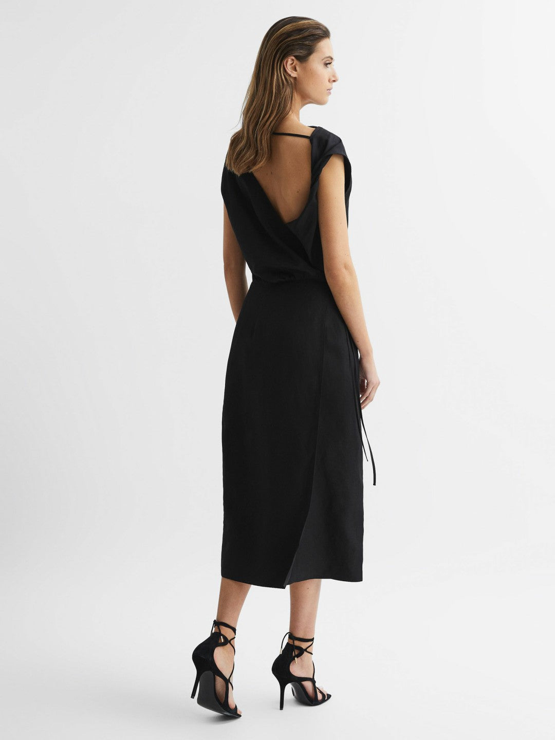Reiss Featured - Premium Linen Blend Open-Back Midi Dress in Black