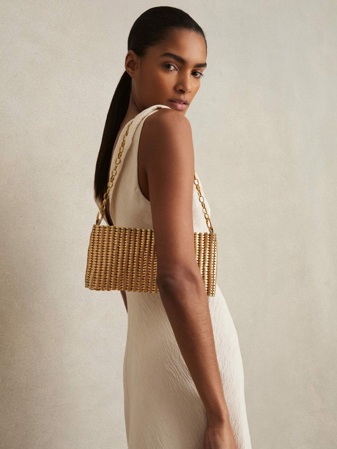 Reiss Featured - Beaded Removable Strap Shoulder Bag in Gold
