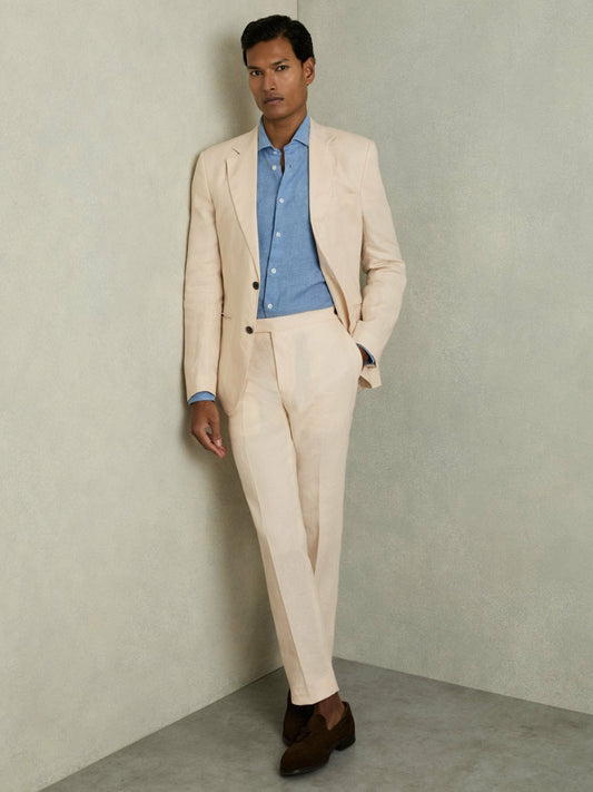 Reiss Affordable - Slim Fit Linen Adjuster Trousers in Stone