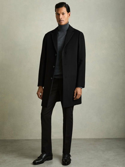 Reiss Deal - Wool Blend Single Breasted Epsom Overcoat in Black