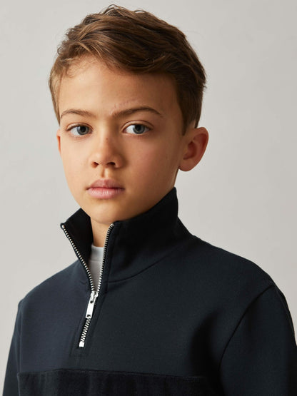 Reiss 9-13 yrs Slim Fit Half-Zip Funnel Neck Velour Sweatshirt in Navy