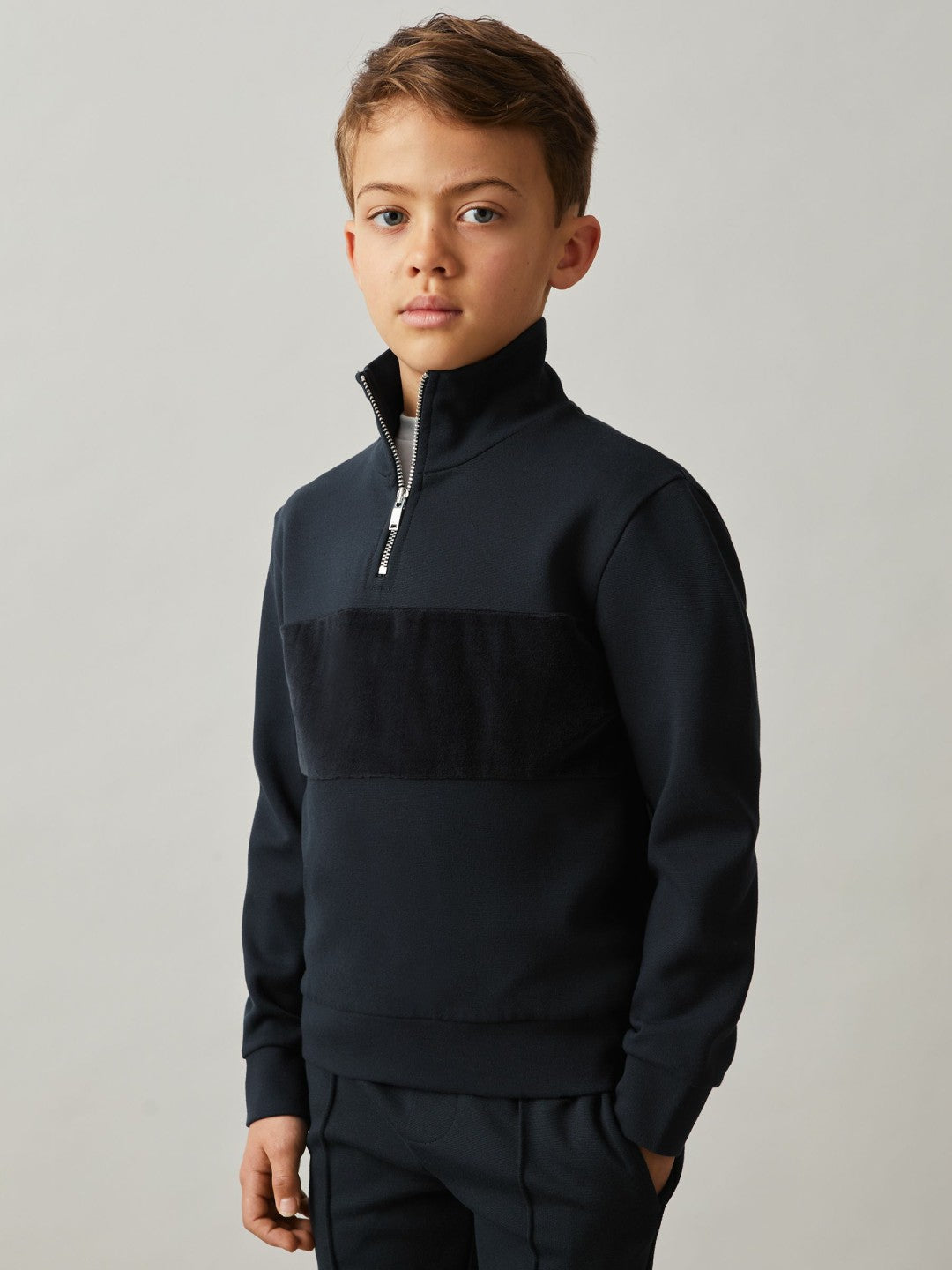 Reiss 9-13 yrs Slim Fit Half-Zip Funnel Neck Velour Sweatshirt in Navy