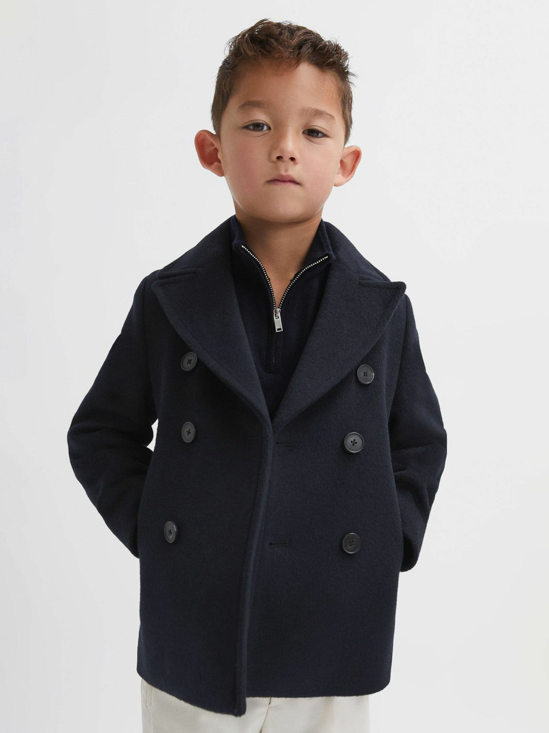 Reiss Offer - 9-13 yrs Wool Blend Twill Double Breasted Coat in Navy