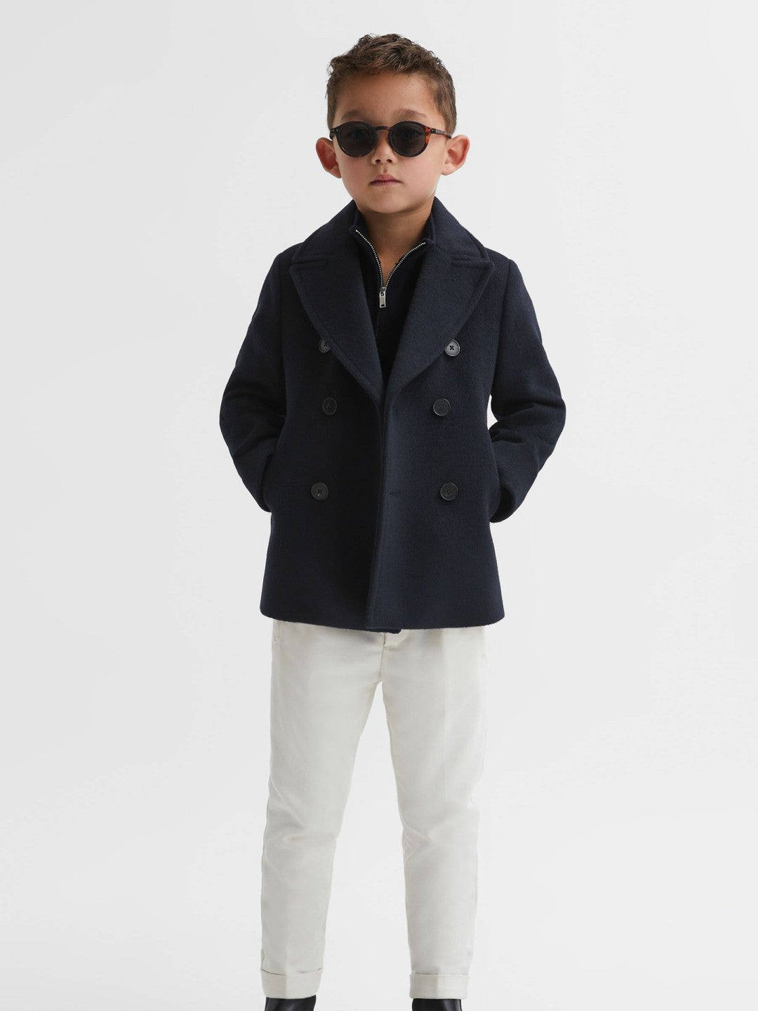 Reiss Offer - 9-13 yrs Wool Blend Twill Double Breasted Coat in Navy