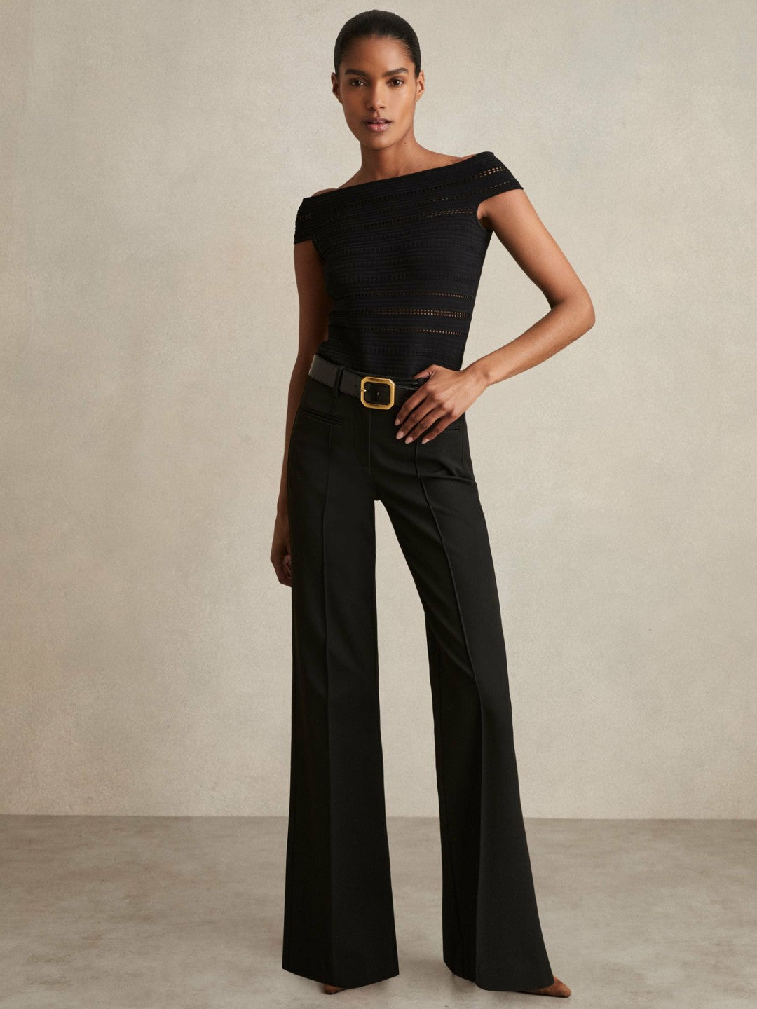 Reiss Petite High Rise Flared Trousers in Black