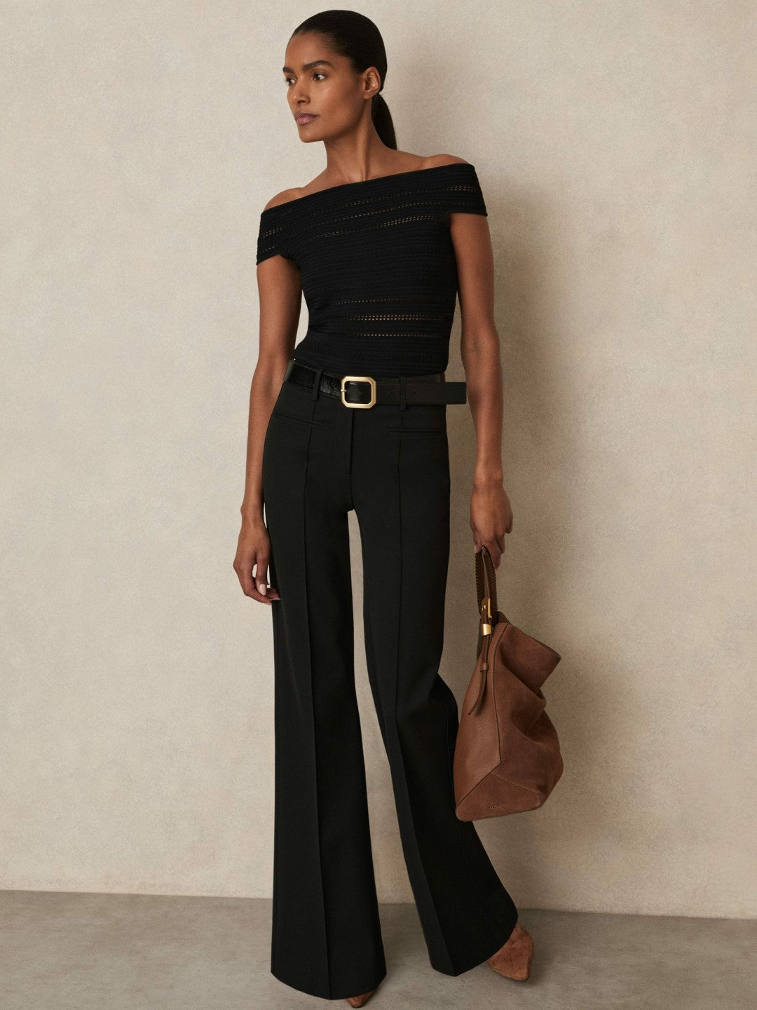 Reiss High Rise Flared Trousers in Black