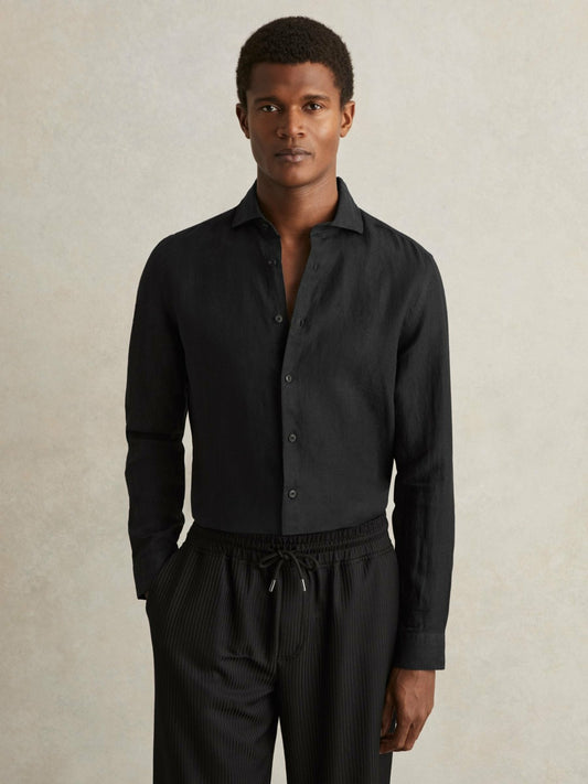 Reiss Linen Button-Through Shirt in Black