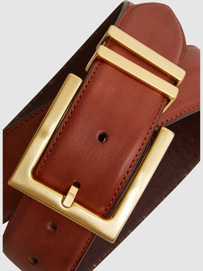 Reiss Deal - Leather Square Buckle Belt in Tan