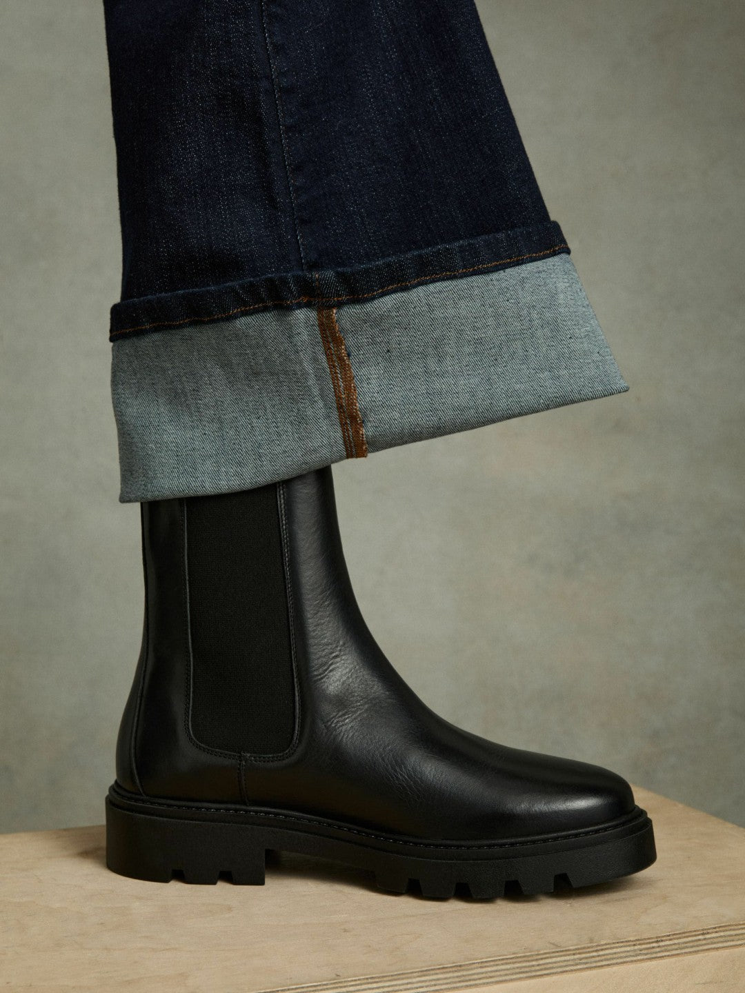 Reiss Affordable - Leather Cleated Sole Chelsea Boots in Black