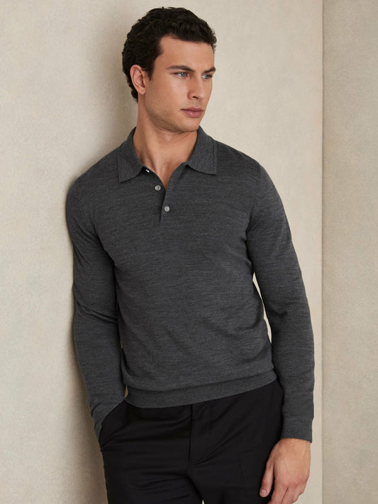 Reiss Best Seller - Merino Wool Polo Shirt in Derby Grey Marl