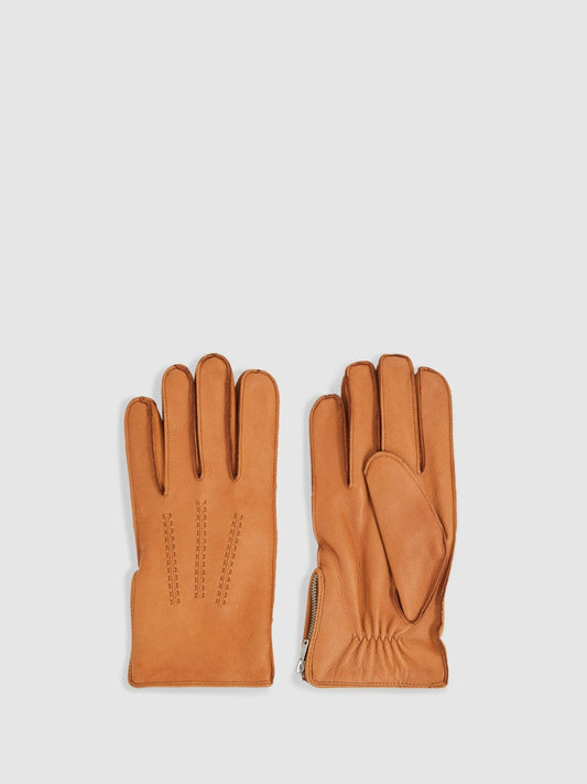 Reiss Value - Leather Zip-Side Gloves in Tan