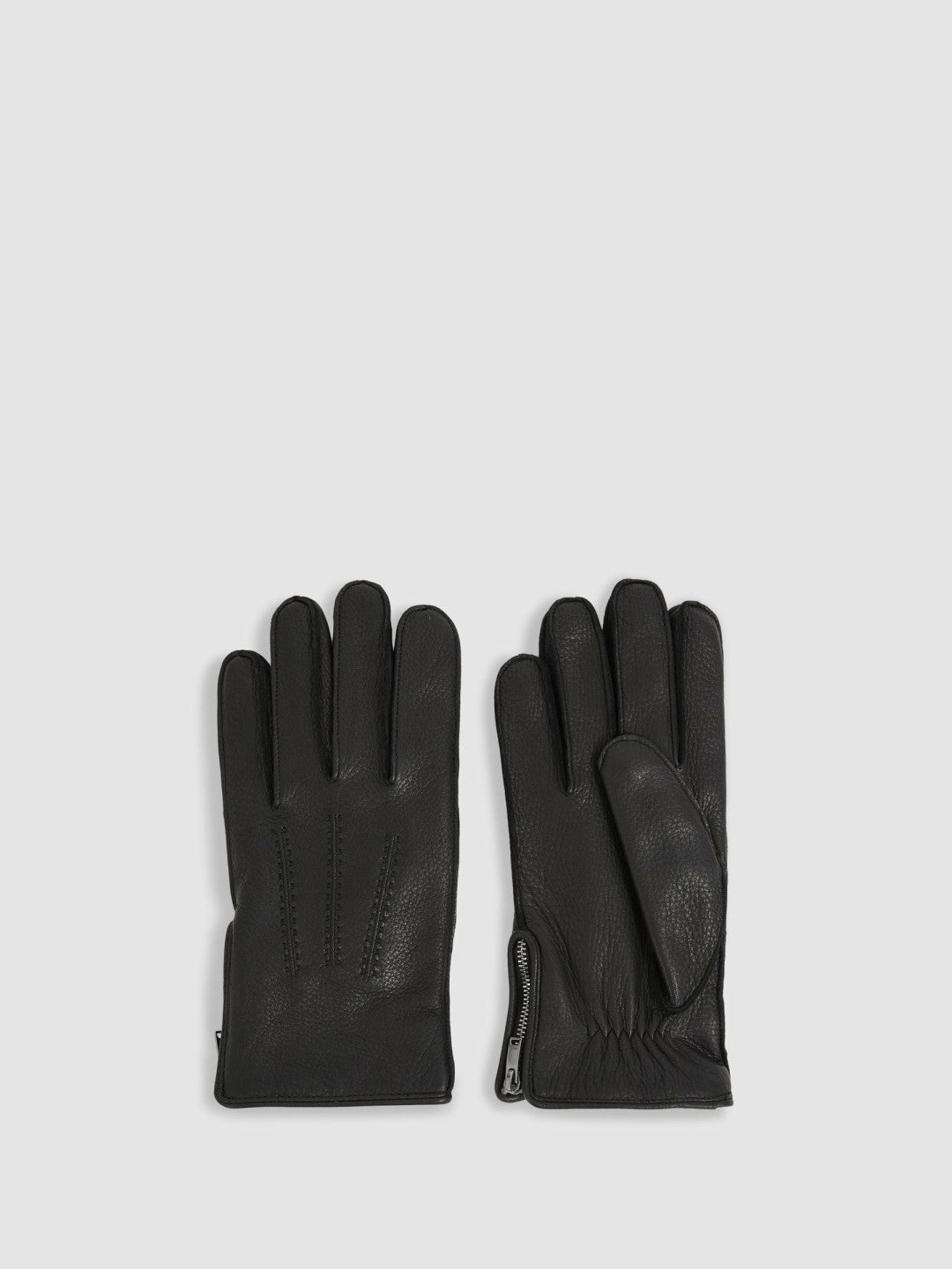 Reiss Affordable - Leather Zip-Side Gloves in Black