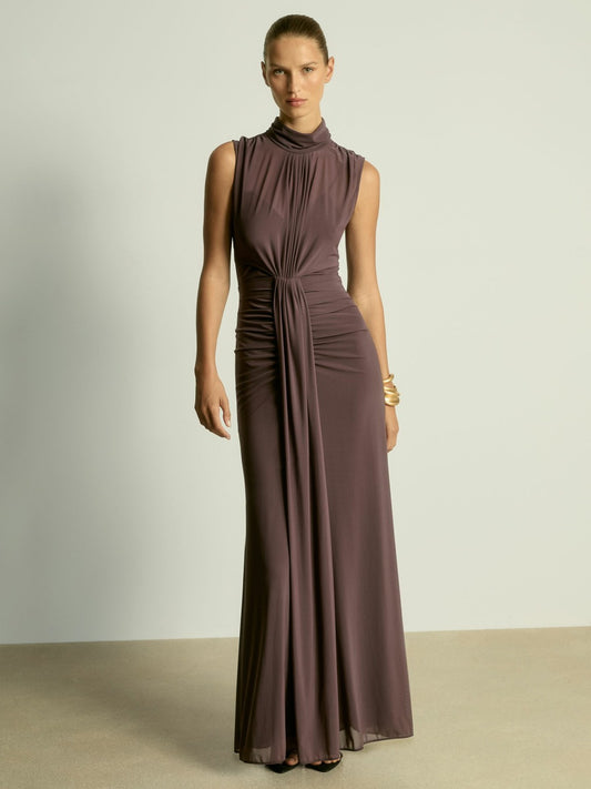 Reiss Sheer Ruched Maxi Dress in Taupe