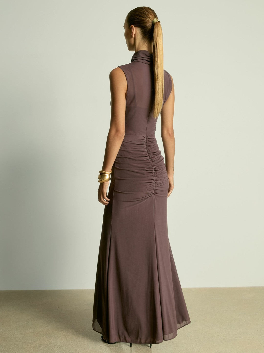 Reiss Sheer Ruched Maxi Dress in Taupe