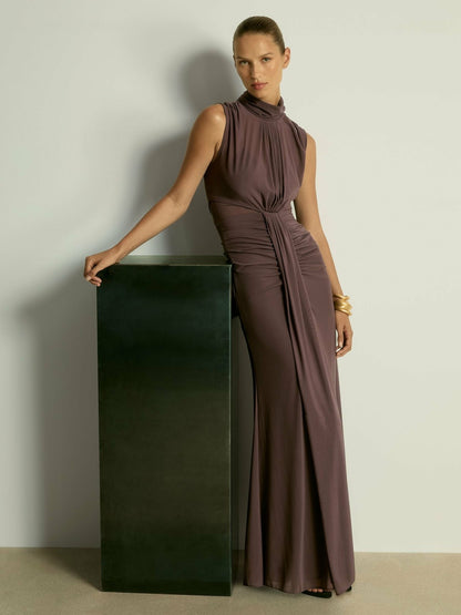 Reiss Sheer Ruched Maxi Dress in Taupe