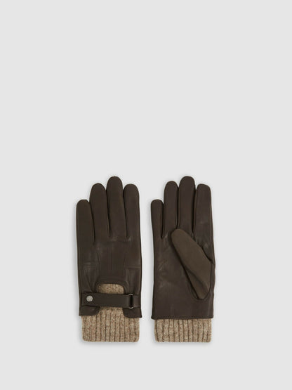 Reiss Sale - Leather Ribbed-Cuff Gloves in Dark Brown