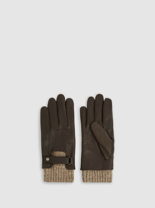 Reiss Sale - Leather Ribbed-Cuff Gloves in Dark Brown