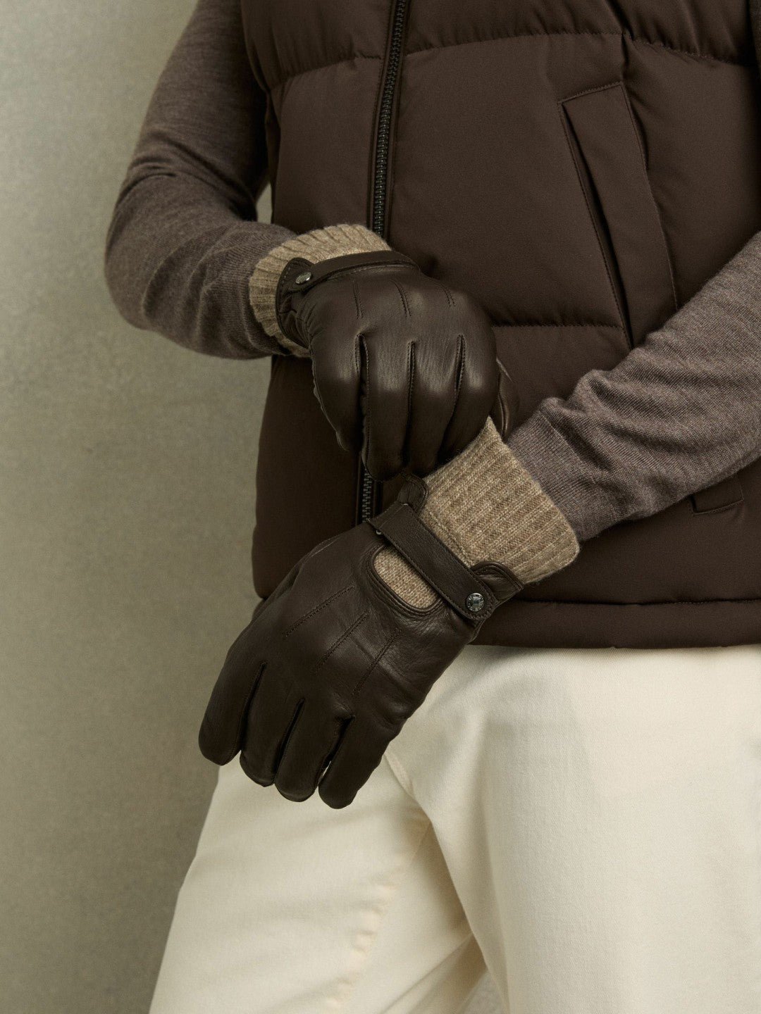 Reiss Sale - Leather Ribbed-Cuff Gloves in Dark Brown