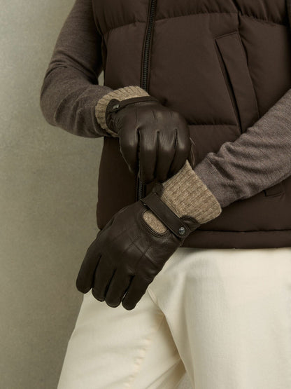 Reiss Sale - Leather Ribbed-Cuff Gloves in Dark Brown