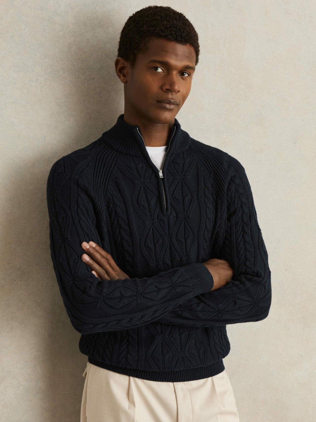 Reiss Deal - Cable-Knit Half-Zip Jumper in Navy