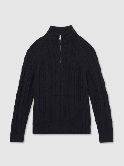 Reiss Deal - Cable-Knit Half-Zip Jumper in Navy
