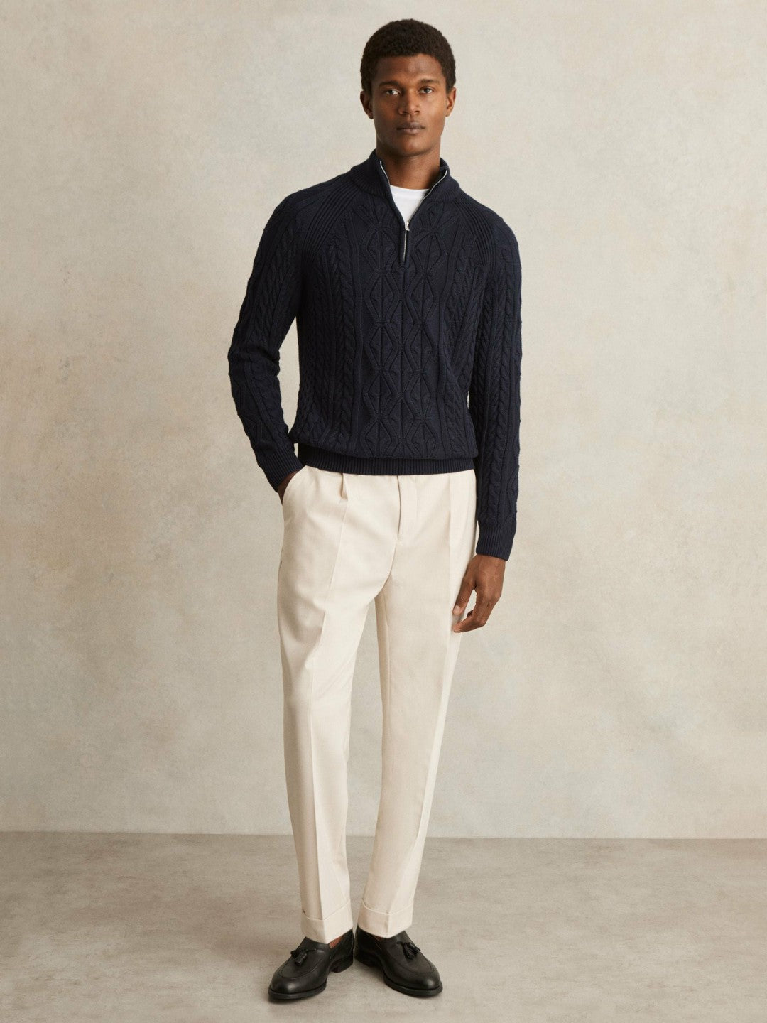 Reiss Deal - Cable-Knit Half-Zip Jumper in Navy