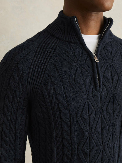 Reiss Deal - Cable-Knit Half-Zip Jumper in Navy
