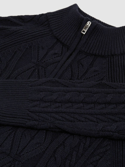 Reiss Deal - Cable-Knit Half-Zip Jumper in Navy