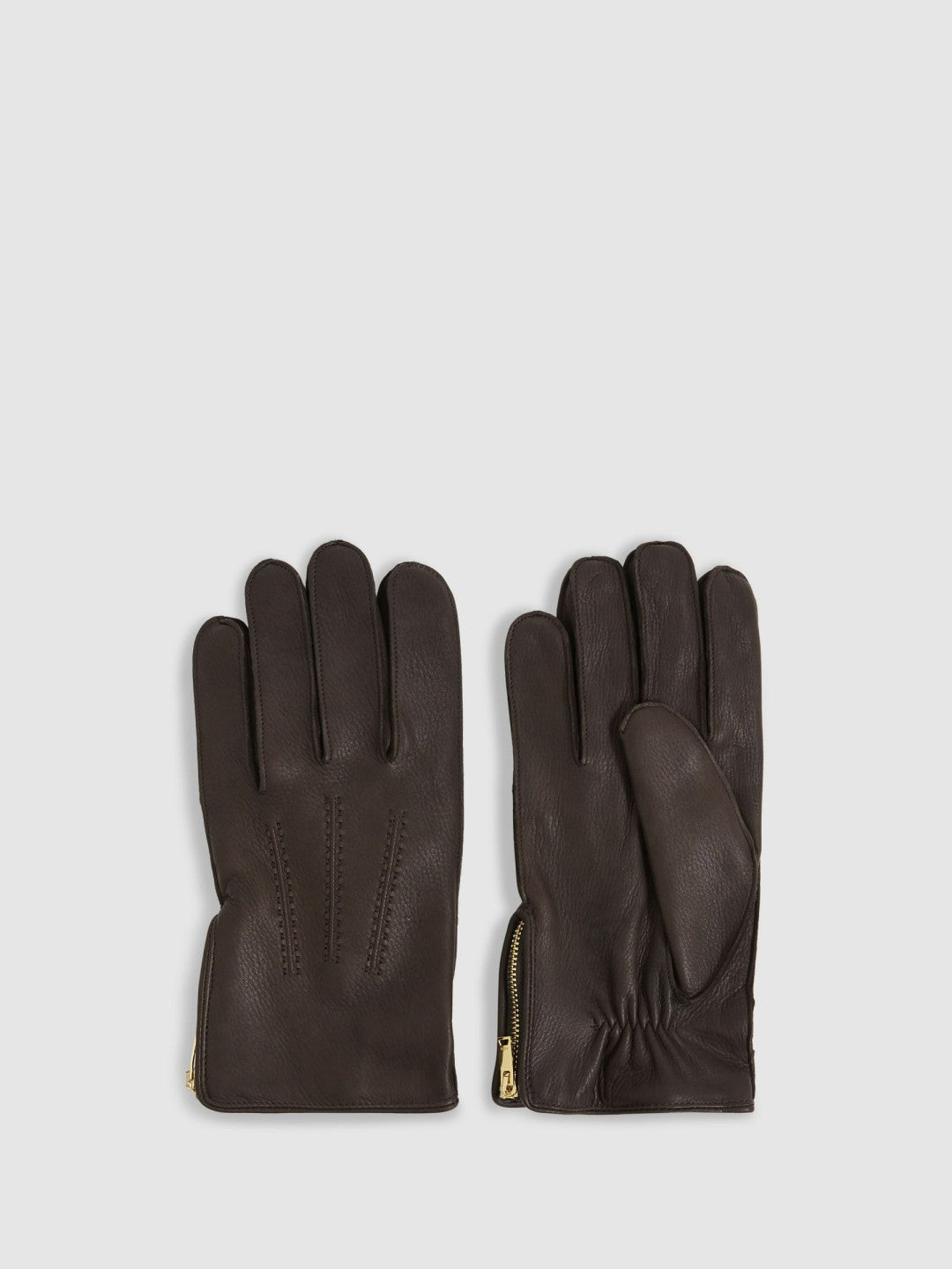 Reiss Savings - Leather Zip-Side Gloves in Dark Brown