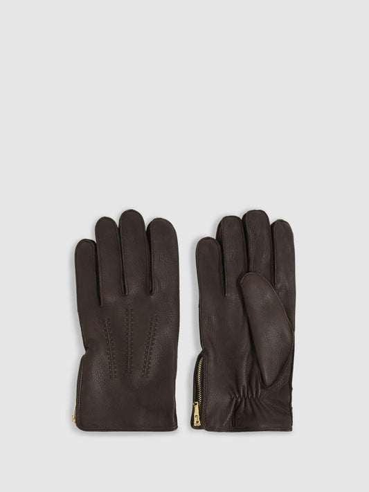 Reiss Savings - Leather Zip-Side Gloves in Dark Brown