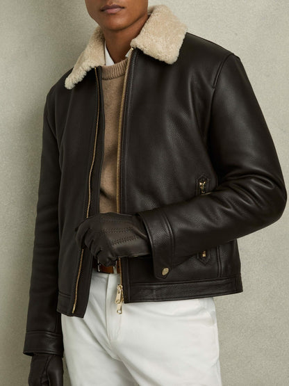 Reiss Savings - Leather Zip-Side Gloves in Dark Brown