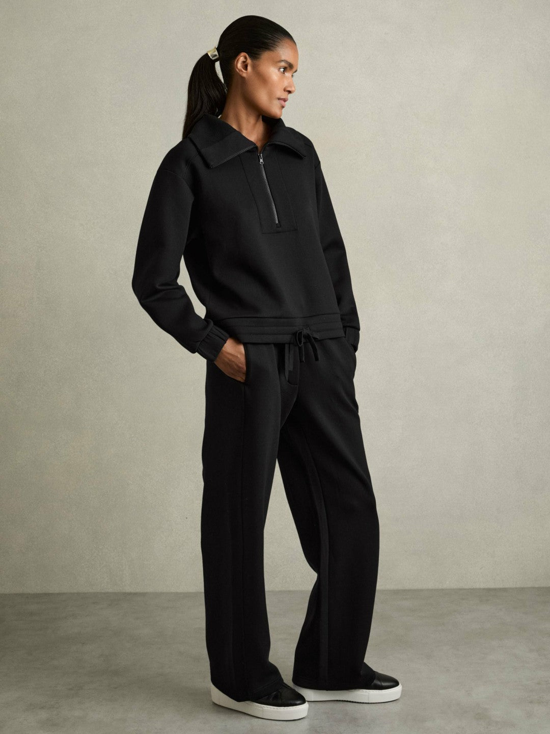 Reiss Sale - Interlock Half-Zip Drawstring-Hem Sweatshirt in Black