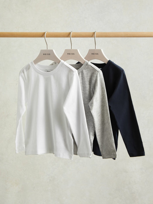 Reiss 9-13 yrs Cotton Jersey Long Sleeve T-Shirts 3 Pack in White/Soft Grey/Navy