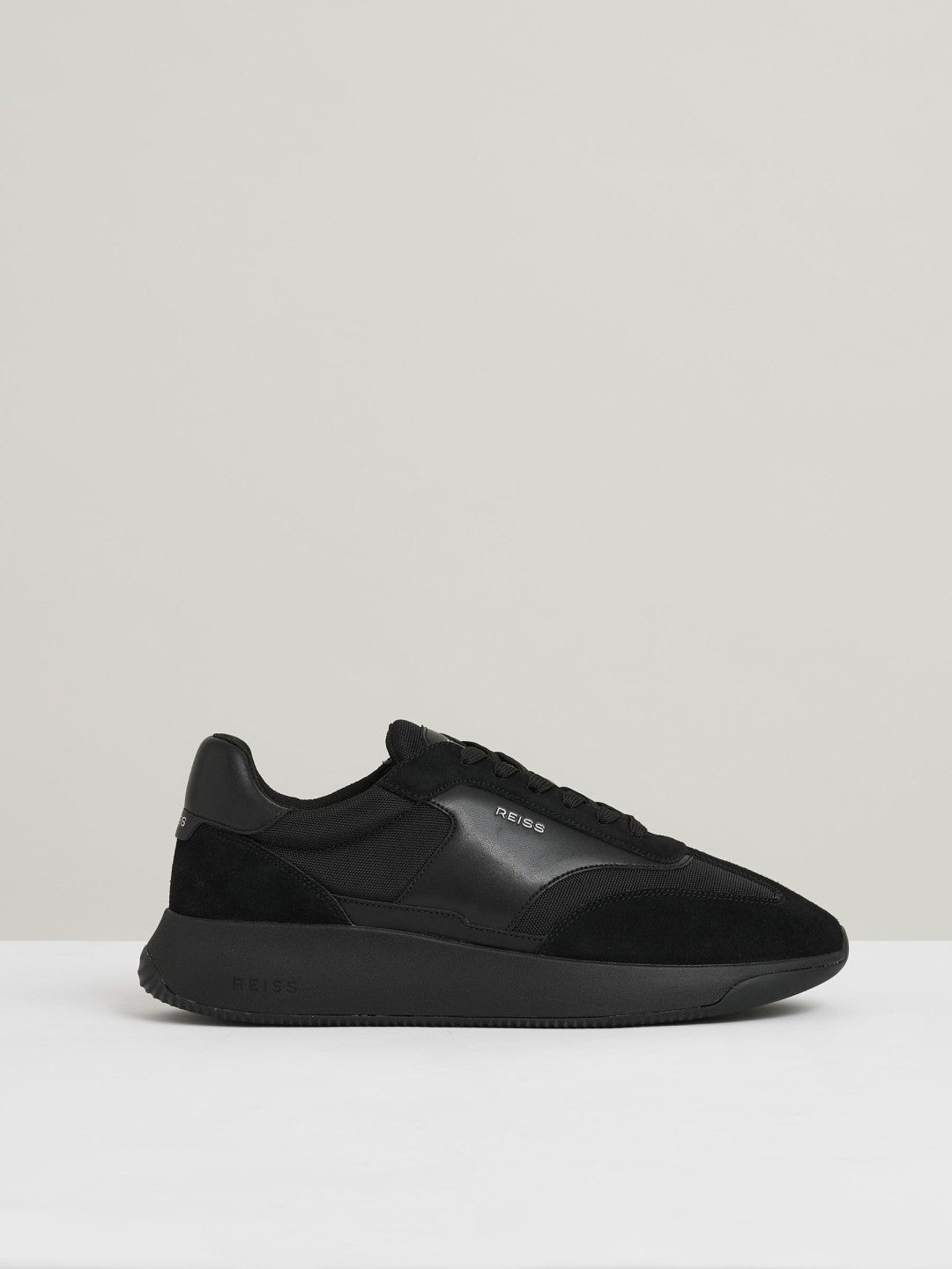 Reiss Best Seller - Leather Suede Running Trainers in All Black